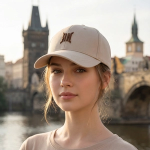 Stilvolle beige Baseballkappe mit braunem Buchstabenstick, getragen von einem Modell