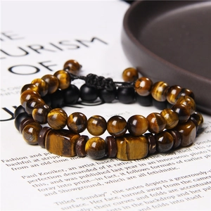 Men's natural tiger eye and matte black stone beaded bracelet set with woven cord