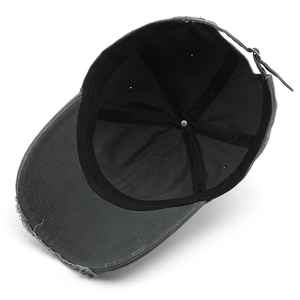 Inside view of charcoal grey vintage distressed baseball cap with adjustable metal buckle