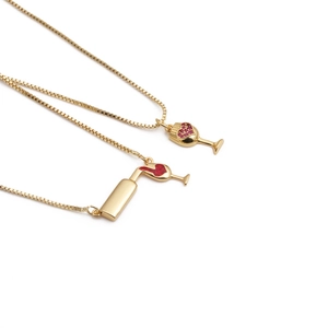 Wine Glass And Wine Bottle Pendant Necklaces Copper Gold Plated Red Zircon Heart Minimalist Creative Jewelry For Women