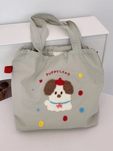 Large capacity grey canvas tote bag with 3D puppy embroidery and drawstring closure