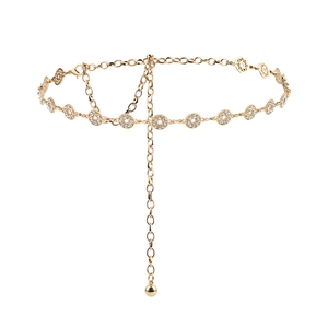 Golden rhinestone metal waist chain with round crystal accents for beach body jewelry