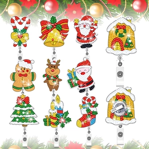 Lot de 10 porte-badges rétractables DIY peinture diamant 5D aux motifs de Noël
