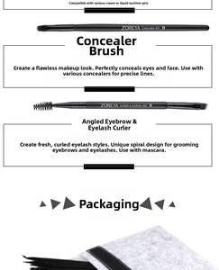 Detail of concealer and double-ended eyebrow brushes with a grey felt storage bag