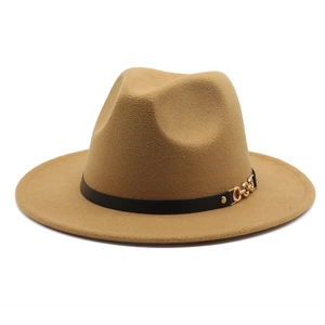 Detail view of khaki wool fedora hat with elegant gold metal chain buckle trim