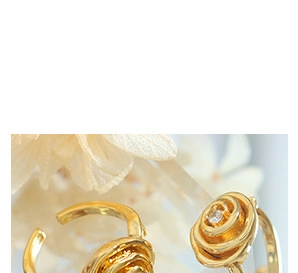 Macro shot of gold compass-style rose ring with zircon crystal and open band detail