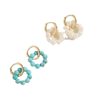 Elegant 14K gold plated hoop earrings with natural freshwater pearls and turquoise stones