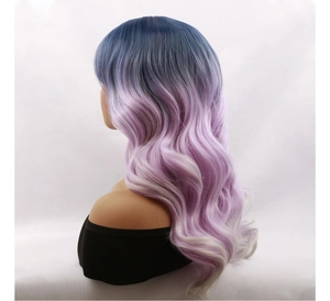 Detail of long wavy synthetic wig featuring ombre transition from deep purple to lilac