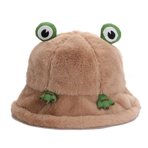 Cute brown plush frog fisherman hat with green eyes and 'Good' embroidery for winter