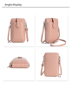 Viste multiple di una borsa porta cellulare rosa in pelle PU con dettagli in argento