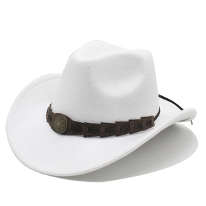 Detailed view of white felt cowboy hat with brown braided leather band and star badge
