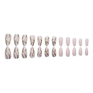 Set unghie a mandorla rosa con eleganti motivi a onde dorate e tocchi glitter