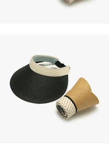Foldable straw sun visor showing both open black and rolled khaki versions for easy storage