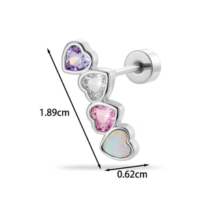 Titanium steel heart zircon stud earrings with colorful stones and dimensions