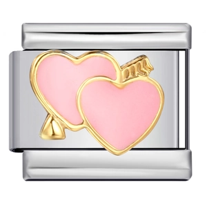 Italian charm bracelet link in stainless steel with pink enamel gold double hearts