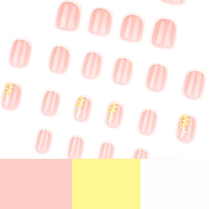 Short square press-on nails with white French tips and yellow daisy floral designs