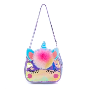Macro detail of purple laser unicorn crossbody bag featuring plush ball and glitter ears