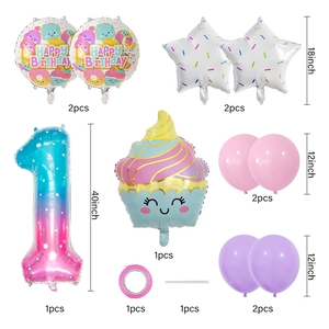 Ice cream party balloon set with gradient number 1 and happy birthday foil balloons