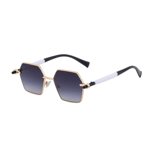 Polygonal gold metal sunglasses with gradient lenses and black-white temples