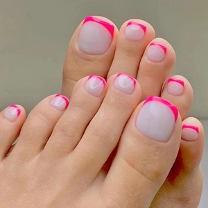 French Press On Toe Nails Hot Pink Tip Square Round Full Cover Glossy Removable Artificial False Nails For Women