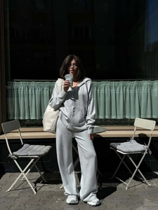 Completo Felpa Con Cappuccio Zip E Pantaloni Larghi Donna Cotone Maglia Sportivo Loungewear Tuta Casual Allentato Grigio