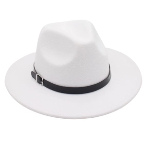 Close-up of white fedora hat featuring a black belt buckle band and fine wool texture
