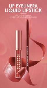 Detailed view of matte waterproof liquid lipstick and lip liner pencil set in deep red tone