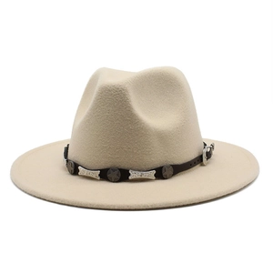 Classic white wool fedora hat with wide brim and star-studded leather band ornament