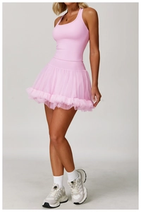 Pink racerback sports tank top and layered mesh tennis skirt set for women's fitness