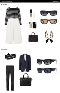 Lookbook layout featuring vintage square sunglasses with stripe blazer and casual fashion items