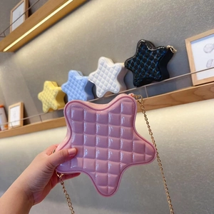 Quilted star-shaped chain bags shown in pink, yellow, blue, white and black colors