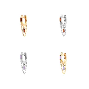 S925 sterling silver hoop earrings with geometric square zircon and fringe chains