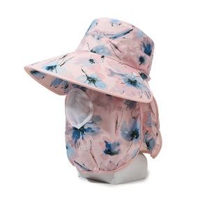 Damen Sonnenhut Breite Krempe Baumwolle UV Schutz Gesichtsmaske Nackenschutz Blumenmuster Atmungsaktiv Outdoor Garten