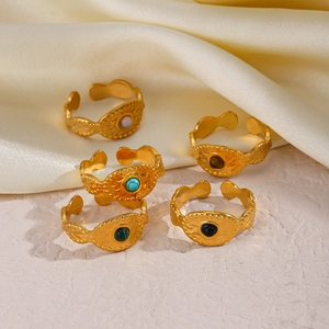 Ensemble de 5 bagues ajustables en acier inoxydable plaqué or 18K avec pierres naturelles