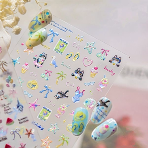 Detail showing 3D embossed nail art stickers with cute summer cats and palm tree patterns