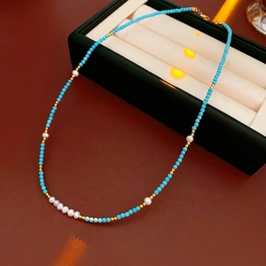 Turquoise Freshwater Pearl Beaded Necklace Stainless Steel Gold Plated Bohemian Beach Vacation Jewelry For Women