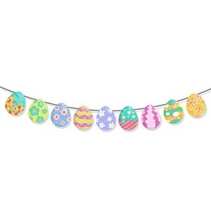 Close-up of colorful paper Easter egg bunting banner with floral and stripe patterns