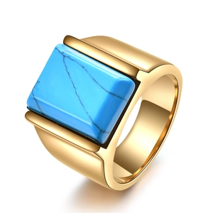 Herren Mode 304 Edelstahl Siegelring Quadratisch Türkis Blauer Sandstein Schwarzer Edelstein Eingelegt Breiter Band Ring