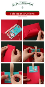 Detailed six-step assembly guide for a festive Christmas gift box with leather handle