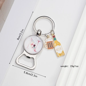 Silver metal bottle opener keychain with letter N charm, beer mug and bottle pendants