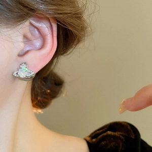Elegant silver Saturn stud earrings with sparkling zircons and imitation pearls for women