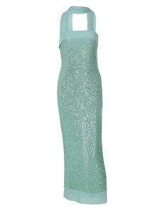 Elegant mint green sequin maxi dress featuring a strapless design and sheer mesh trim