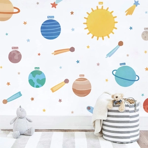 Solar system planets wall stickers for kids bedroom with Morandi colored celestial bodies