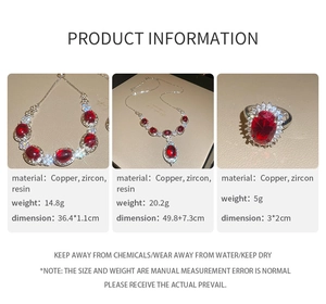 Detailed product specifications for red zircon flower necklace, bracelet and ring jewelry set