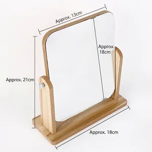 Rotating desktop wooden makeup mirror with detailed size dimensions in centimeters
