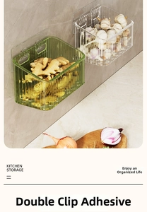 Wall-mounted kitchen storage box with double buckle adhesive for ginger and garlic