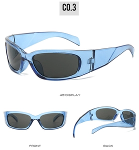 Detailed multi-angle views of Y2K futuristic blue sports sunglasses with dark lenses