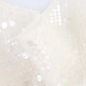 Vue détaillée de paillettes scintillantes sur tulle ivoire pour mini-robes à volants