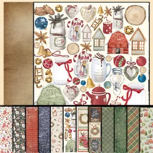Vintage Christmas scrapbook paper collection with festive illustrations and red green patterns