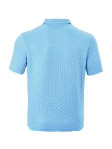 Detailed back view of men's sky blue polo shirt with textured herringbone knit pattern